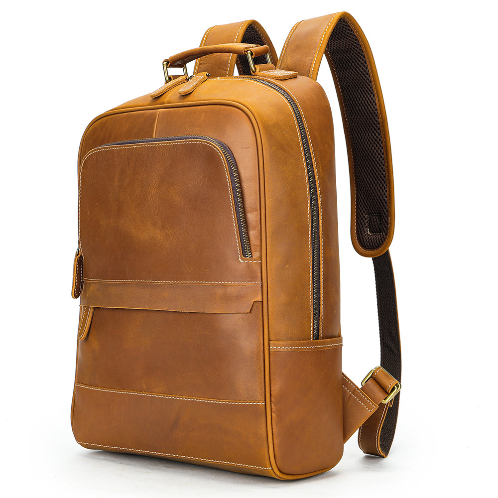 Men's Leather Brown Multifunctional Daypack Laptop Backpack